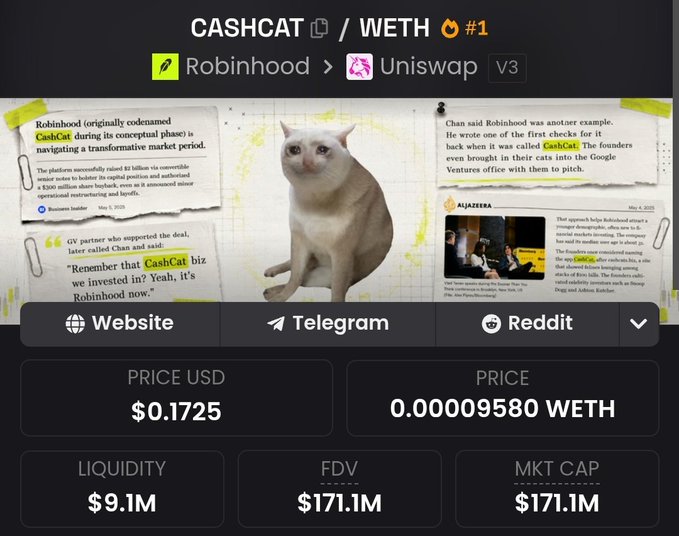This image displays information about CASHCAT on Robinhood and Uniswap, showing its price as $0.1725 USD and a market cap of $171.1M alongside a meme of a crying cat. The accompanying post suggests that people are selling Solana assets to buy CASHCAT on Robinhood, contributing to its significant market cap.