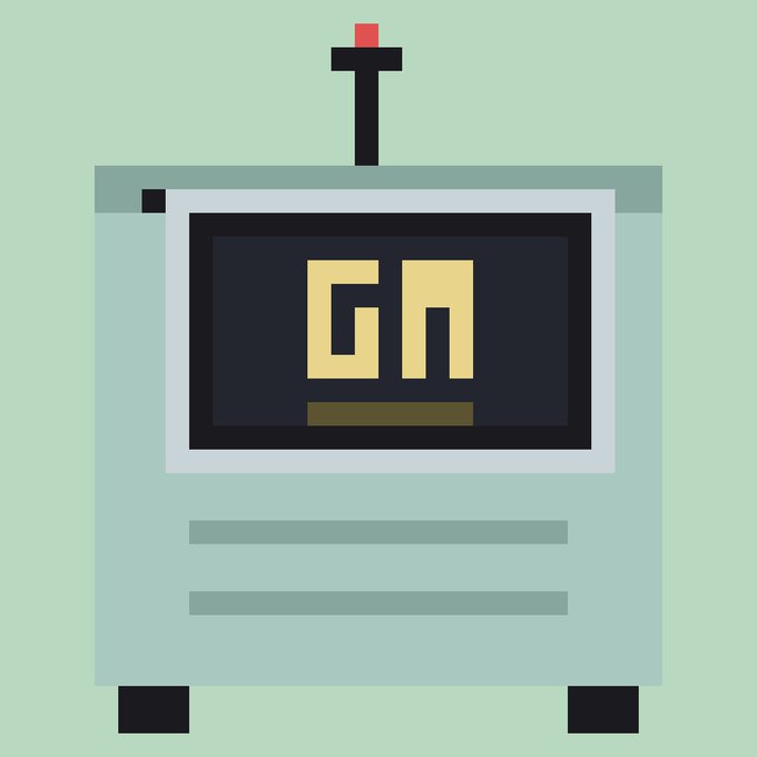 A flat-style illustration of a light blue machine or robot displaying the letters 'GM' on a dark screen against a pale green background.