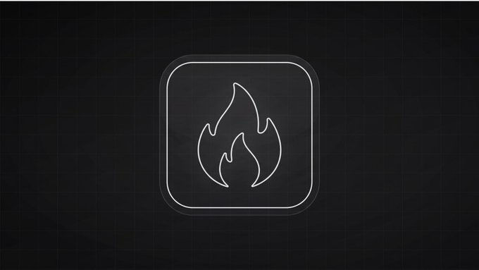 A minimalist dark-themed app icon featuring a stylized white flame outline on a black rounded-square background.