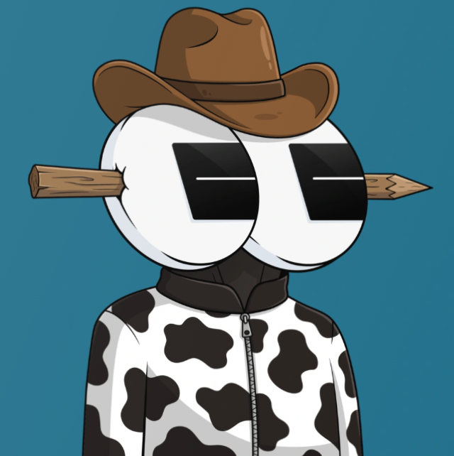 Digital illustration of a cartoon character wearing a brown cowboy hat and a black-and-white cow print jacket, with a pencil pierced through its head, set against a blue background.