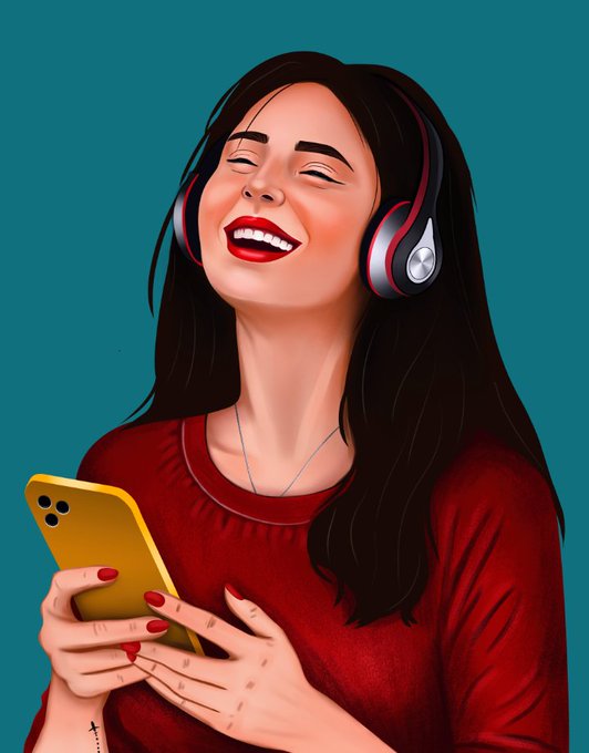 A digital illustration depicts a smiling woman with long dark hair, red lipstick, and red nail polish wearing a red shirt and silver headphones, holding a yellow smartphone against a solid teal background.