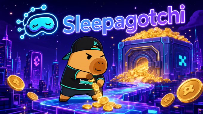 Colorful promotional graphic for 'Sleepagotchi' featuring a cartoon character with a sleep mask, gold coins, and a treasure chest against a neon cityscape.