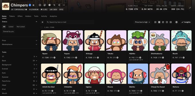 A screenshot of the Chimpers NFT collection marketplace showing various monkey character avatars with prices listed in ETH, including names like Nyaan, Yapura, and Aritsugu.
