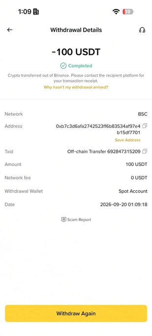 The image shows a Binance withdrawal details screen confirming a completed transaction of -100 USDT sent via the BSC network to address 0xb7c3d6afa2742523ff6b83534af97e4b15df7701. This serves as proof supporting the post's claim of sending $100 USDT to @jaweria_91, with the visible transaction ID (Off-chain Transfer 692847315209) and timestamp validating the "dinner reward" mentioned.