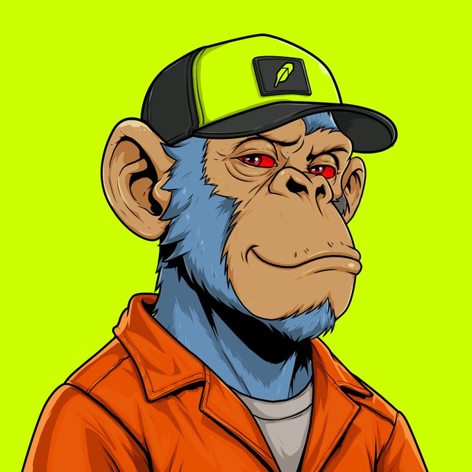 A cartoon illustration of a blue-furred chimpanzee wearing an orange jacket and a green and black cap with a leaf logo, set against a bright lime-green background.