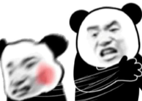 A classic Chinese "biaoqing" (reaction) meme showing two panda-headed figures in black outfits, with the right figure angrily rejecting/blasting away the smaller left figure (who has a red nose and appears to be crying). The meme humorously illustrates the post's message about "paper hands" (timid investors) selling off so the stock/crypto can finally launch.