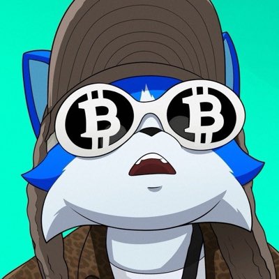 A cartoon illustration features a blue and white cat character wearing large sunglasses with the Bitcoin "₿" symbol on each lens, paired with a brown cap. The image visually represents the concept that Cobie and Base have "the blue cat" (Bitcoin) inside them, symbolizing their crypto/Blockchain allegiance through the Bitcoin-branded eyewear.