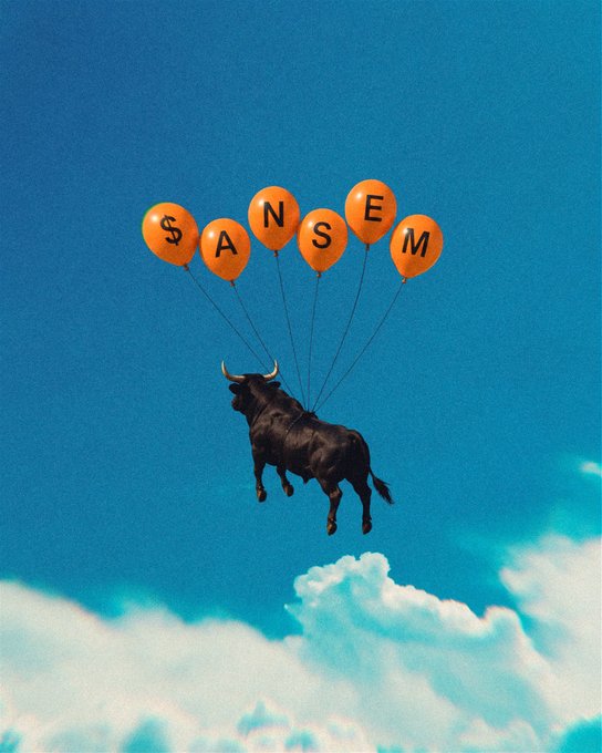 A surreal image shows a black bull floating in the sky, lifted by orange balloons that spell out '$ANSEM' against a blue background with white clouds.