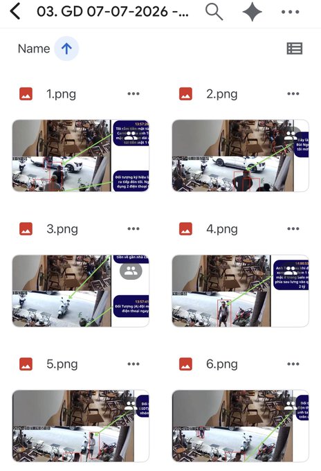 A mobile file browser shows a folder named '03. GD 07-07-2026' containing six numbered PNG thumbnails of CCTV surveillance footage with timestamps.