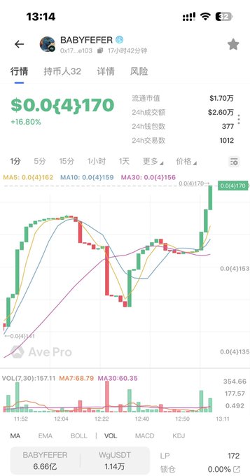 A mobile screenshot of a cryptocurrency trading chart for the token BABYFEFER, showing a price of $0.0(4)170 with a +16.80% change and various technical indicators.