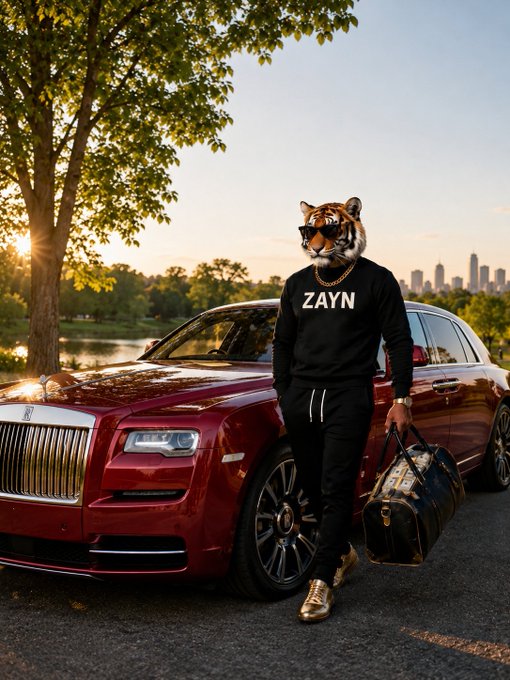 A digitally created image showing an anthropomorphic tiger wearing sunglasses, a gold chain, and a black sweatshirt reading "ZAYN," walking past a red Rolls-Royce at sunset.