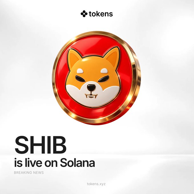 A promotional graphic from tokens.xyz announcing "SHIB is live on Solana" as breaking news, featuring the Shiba Inu coin emblem—a Shiba dog face set within a red and gold circular badge. The image visually reinforces the headline by pairing the recognizable SHIB branding with the announcement of its availability on the Solana blockchain via Sunrise.