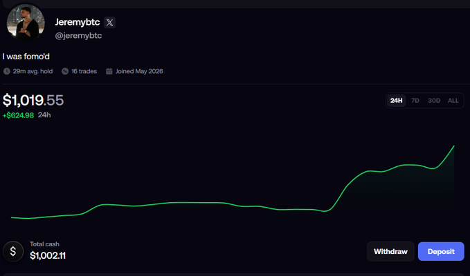 A screenshot of the Fomo app showing user "Jeremybtc" (@jeremybtc) with a portfolio value of $1,019.55 (+$624.98 in 24h), featuring a green trending chart and the caption "I was form'd." The image relates to the post by showcasing the user's progress in a $30 to $100,000 trading challenge, displaying a portfolio that has grown from the starting amount to over $1,000 as they seek advice on which coin to flip their $1k into $5k.