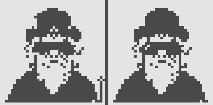 Two identical pixel-art portraits depict a person with hair in buns, surrounded by dark blocky patterns on a white background.