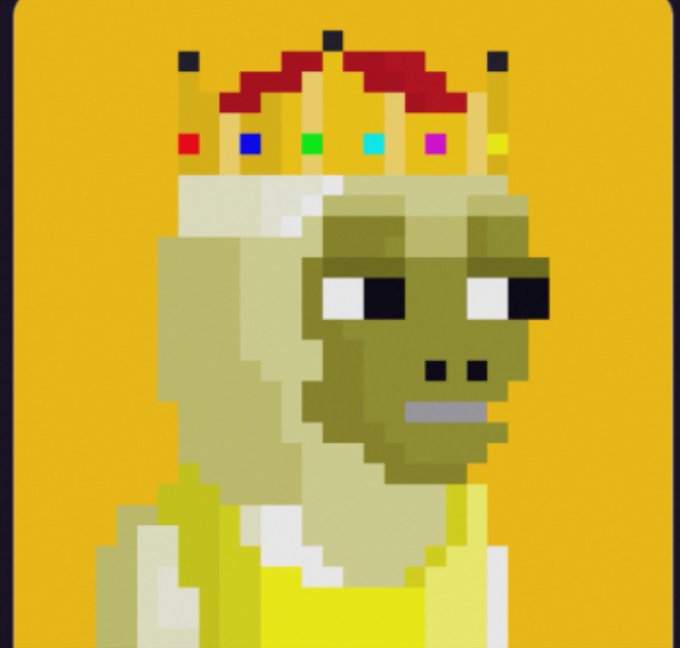 A pixel art illustration of a green zombie-like character wearing sunglasses and a gold crown with colored jewels, dressed in yellow/green attire against an orange background.