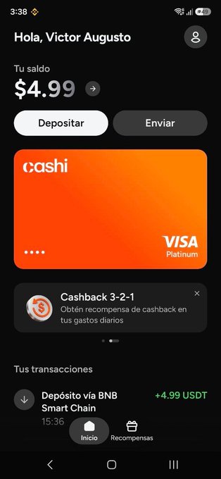 A dark-themed mobile app home screen for 'Cashi' greeting 'Hola, Victor Augusto' with a balance of '$4.99', deposit and send buttons, the virtual Visa Platinum card, and a recent transaction for '+4.99 USDT'.
