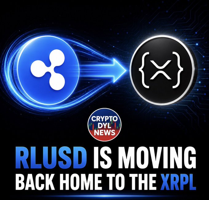The image features the Ripple logo transitioning via an arrow to the XRP Ledger (XRPL) logo, visually representing RLUSD's migration back to the XRPL. A "Crypto DYL News" badge sits between the logos, with bold text below reading "RLUSD IS MOVING BACK HOME TO THE XRPL," reinforcing the post's news about Ripple's stablecoin shifting activity to the XRP Ledger.