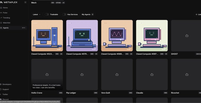 A screenshot of the Metaplex platform showing a 'Mech' collection featuring various Clawed Computer NFT listings with pixel-art computer designs.