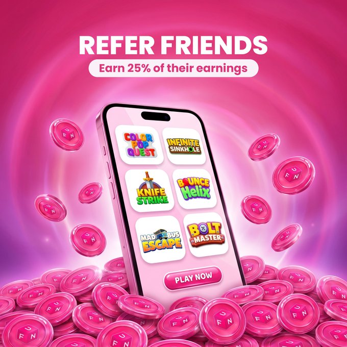 Promotional graphic with pink coins reading "REFER FRIENDS Earn 25% of their earnings" surrounding a smartphone displaying various mobile game icons and a "PLAY NOW" button.