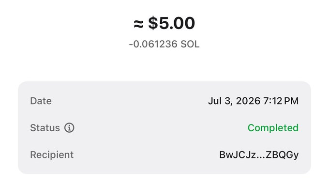 The image shows a transaction receipt for approximately $5.00 (0.061236 SOL) sent to address BwJCJz...ZBQGy on July 3, 2026, marked as Completed. This serves as proof of payment supporting the poster's claim about distributing $SOL giveaway winnings.