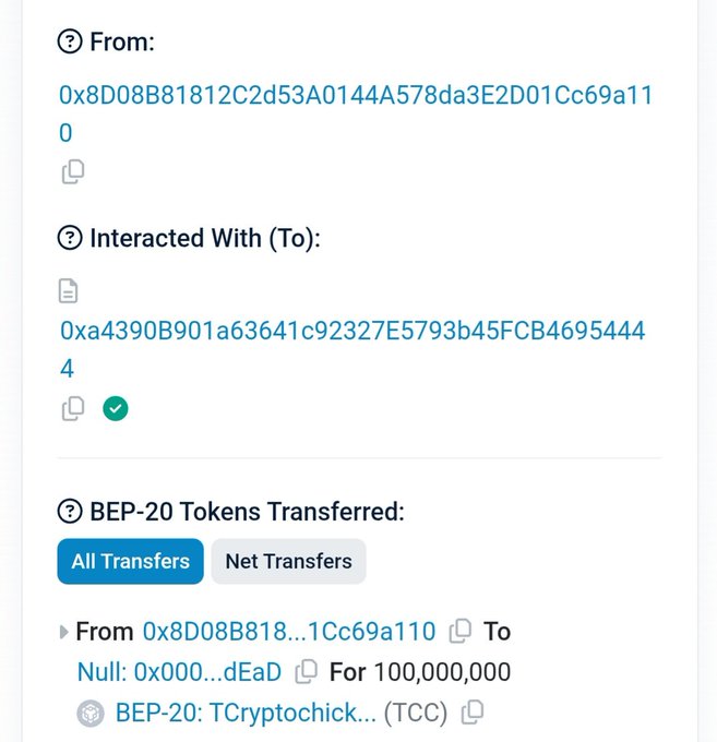 The image shows a BNB blockchain transaction where address 0x8D08B818...1Cc69a110 sent 100,000,000 TCC (TCryptochick) tokens to a burn address (0x000...dEaD), confirming the post's claim of burning 10% of the token supply.