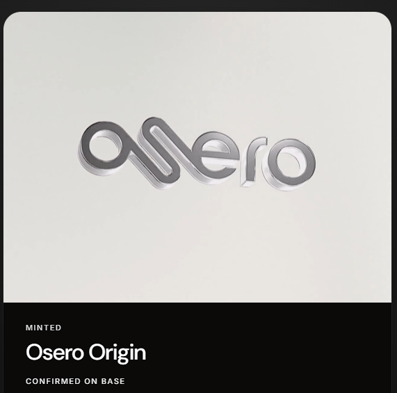 The image displays the sleek silver "Osero" logo on a white background, presented as an NFT titled "Osero Origin" with labels indicating it was "MINTED" and "CONFIRMED ON BASE," aligning with the post's announcement of Osero's free NFT mint event.