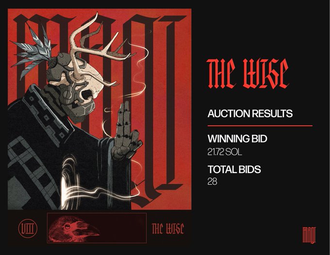 Auction results page titled "THE WISE" displaying a winning bid of "2172 SOL" with "28 TOTAL BIDS," accompanied by an illustration of a bearded figure with antlers and feathers in dark red and black tones.
