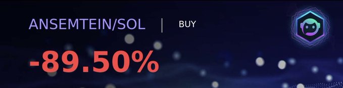 The image displays a trading chart showing the "ANSEMTEIN/SOL" token with a "BUY" label, highlighting a dramatic -89.50% drop in value. This massive decline visually represents the "rug pull" referenced in the post, illustrating the harsh reality of waking up to catastrophic losses in a volatile crypto market.