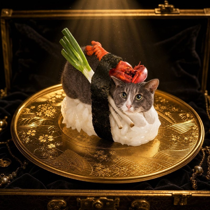 A creative image shows a gray and white cat's face merged with a piece of sushi topped with lobster, displayed on an ornate golden plate.