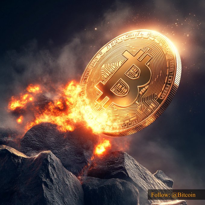 A glowing gold Bitcoin coin is shown erupting from a fiery volcano atop a rocky mountain, symbolizing the cryptocurrency's dramatic price action. The caption reads "$64,767.55 #Bitcoin" with a "Follow: @Bitcoin" watermark, emphasizing the coin's explosive momentum reflected in its current price point.