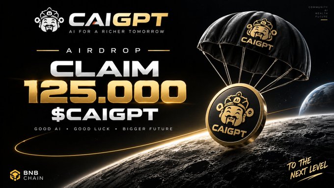 Promotional graphic for "CAIGPT" cryptocurrency airdrop offering 125,000 $CAIGPT tokens, featuring a black parachute with a gold coin over a planetary background, branded with "BNB CHAIN" and "TO THE NEXT LEVEL".