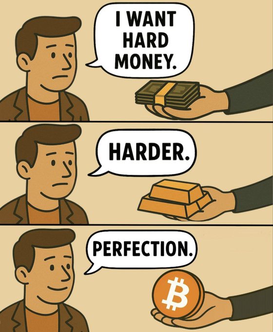 A three-panel cartoon shows a man progressively requesting harder forms of money: first cash ("I WANT HARD MONEY."), then gold bars ("HARDER."), and finally Bitcoin, which he deems "PERFECTION." The image humorously illustrates the Bitcoin meme that cryptocurrency is the ultimate form of sound, "hard" money.