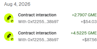 The image shows two "Contract interaction" transactions on August 4, 2026, resulting in profits of +$54.03 and +$87.56 in GME, which visually supports the text's claim of people making "crazy wages daily" from the $zaibatsu investment.