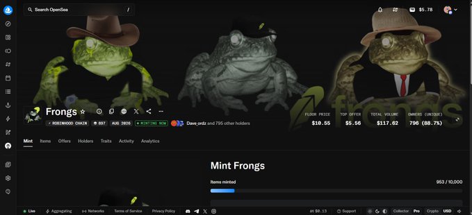 OpenSea NFT marketplace listing for 'Frongs' collection on Robindhood Chain, featuring three frog images (one in cowboy hat, one in black hat, one in brown hat with tie), floor price $10.56, top offer $5.56, total volume $117.62, owned 790 (88.7%).
