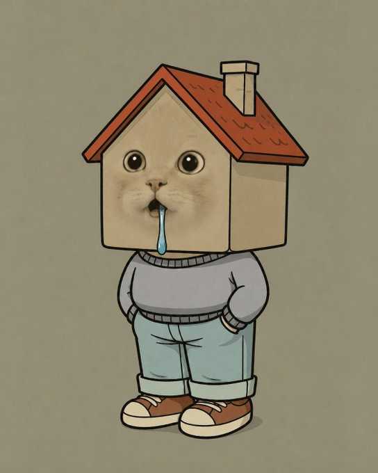 An illustration of a cat's face merged with a small house, with a drool drop, wearing a gray sweater, light blue pants, and red sneakers.