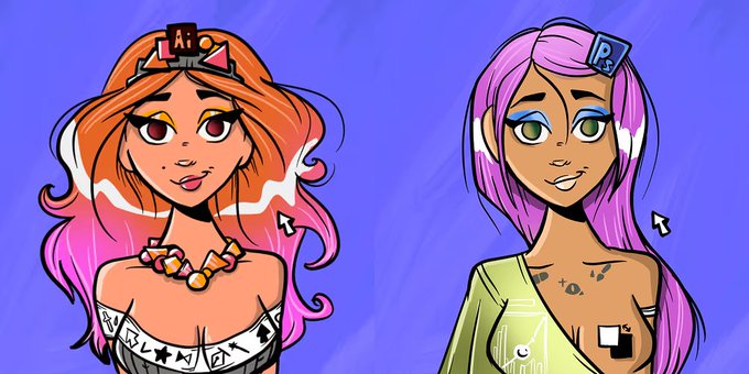 A digital illustration of two stylized female characters, one with long orange hair and one with purple hair, both featuring game-related accessories like letter blocks in their hair.