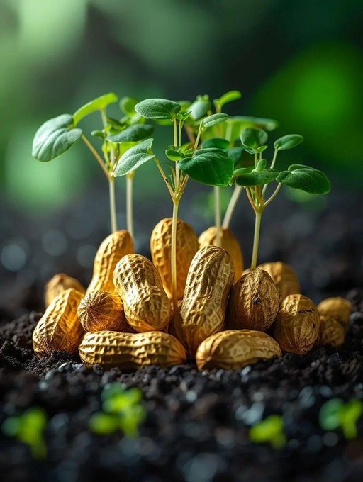 A cluster of peanuts growing in dark soil with fresh green sprouts emerging from them against a blurred green background.