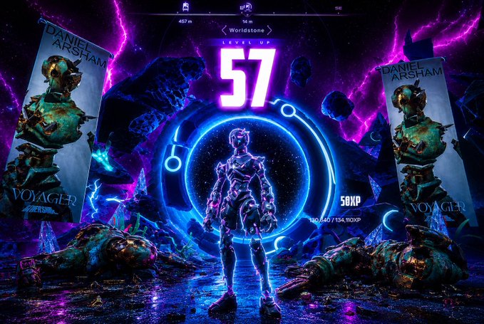 The image features a man standing in front of a large blue circle with the number "57" inside of it. The man appears to be wearing a suit and holding a sword. There are two other people visible in the background, one on each side of the man. They seem to be looking at him or engaging in conversation. The scene is set against a purple backdrop that gives it an otherworldly feel.