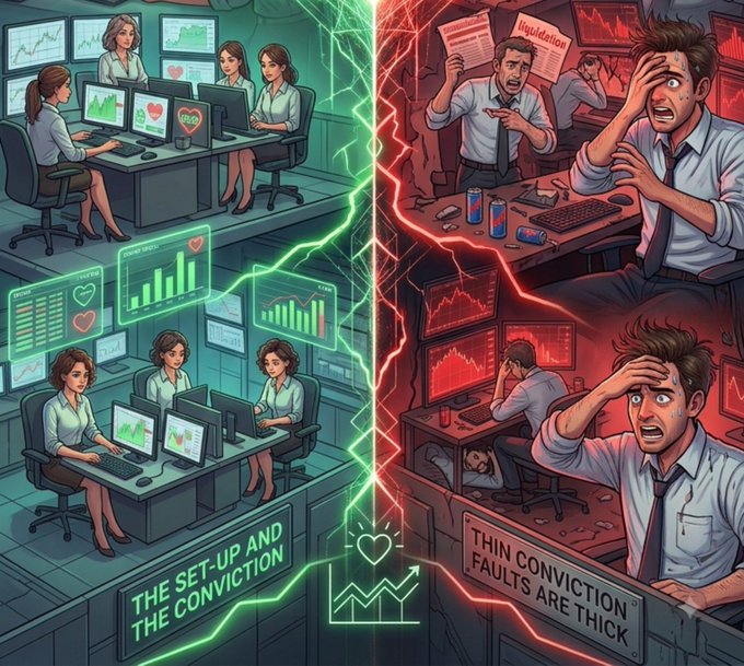 A split-screen illustration contrasting a calm, organized stock trading desk ("THE SET-UP AND THE CONVICTION") with panicked traders and falling red charts ("THIN CONVICTION FAULTS ARE THICK").