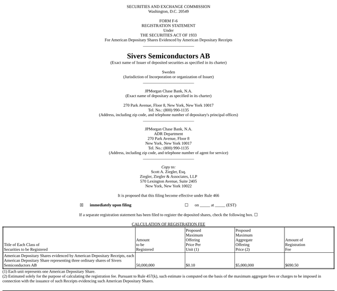 A SEC Form F-6 Registration Statement document for American Depositary Shares for Sivers Semiconductors AB, listing JPMorgan Chase Bank, N.A. as the depositary.