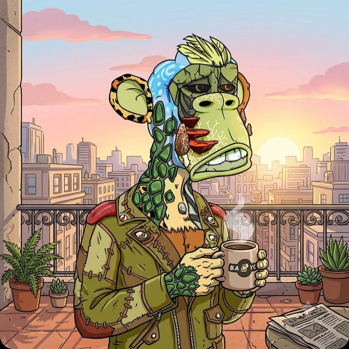 A cartoon illustration of a humanoid lizard or dragon character wearing a green jacket, blue headgear, and a backpack, sipping from a mug labeled 'BARK' on a rooftop balcony at sunset.