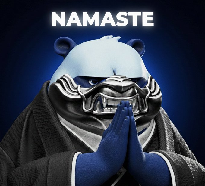 A 3D-rendered panda character wearing a black mask and dark robe with hands clasped in prayer, set against a blue background with the text 'NAMASTE' at the top.