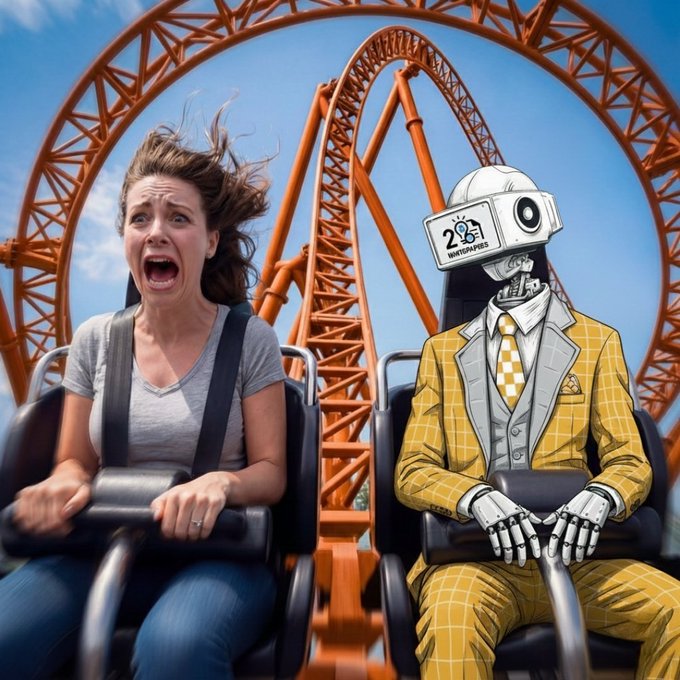 A woman screams in fear on a roller coaster next to a humanoid robot with a camera head wearing a yellow plaid suit, set against orange roller coaster tracks.