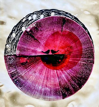 A vibrant purple and pink artistic rendering of an eye with intricate black filigree patterns decorating its upper portion.
