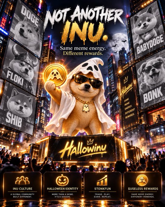 A promotional graphic titled 'NOT ANOTHER INU' featuring a dog mascot in sunglasses holding a coin, with the tagline 'Same meme energy. Different rewards.' and 'HallowInu' branding.