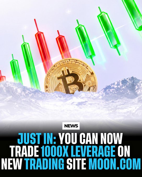 The image shows a gold Bitcoin coin partially submerged in icy terrain, set against a backdrop of green and red candlestick chart bars, with bold text overlay reading "JUST IN: YOU CAN NOW TRADE 1000X LEVERAGE ON NEW TRADING SITE MOON.COM." The icy Bitcoin scene visually represents the "moon" theme of the new high-leverage trading platform mentioned in the headline.