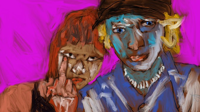 A colorful, expressive digital painting of two stylized portraits—one with red hair and one with blonde hair and a brown cap—set against a bright pink background.