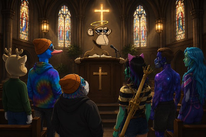 Digital art depicting various NFT characters (Bored Ape, Doodles, Azuki, etc.) attending a funeral service inside a church with stained glass windows, where a Bored Ape with a halo speaks at the pulpit.