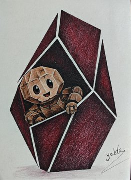 A colored pencil drawing depicts a cute origami-style character with a geometric head peeking out from a dark red, diamond-shaped structure, signed 'yakto' in the corner.