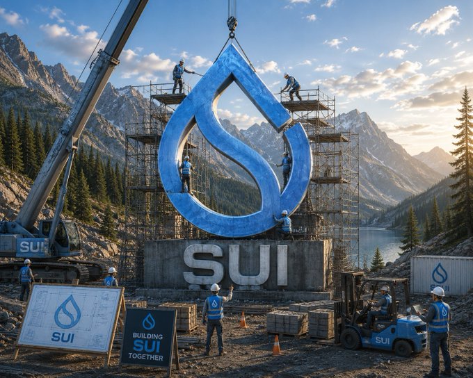 A construction crew builds a large blue SUI cryptocurrency logo sculpture in a mountainous landscape, with signs reading "SUI" and "BUILDING SUI TOGETHER," symbolizing the "building season" mentioned in the post about renewed activity and excitement in the crypto market.